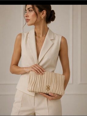 Victoria's Secret Pleated Beige Clutch with Gold Logo